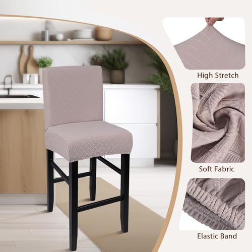 Image of SearchI Bar Stool Covers Set of 4, Stretch Barstool Seat Covers, Counter Height Chair Covers for Kitchen Dining Room Cafe (Check Jaquard Khaki)