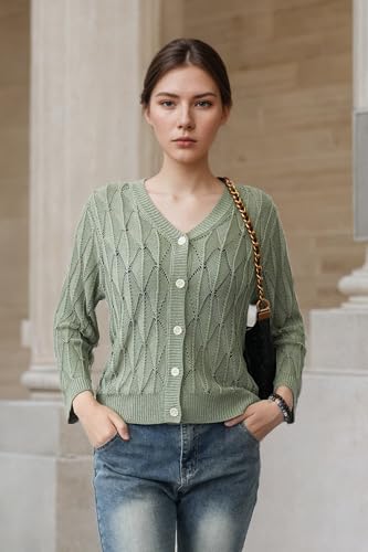 Image of Women's 2025 Crochet Sweater Cardigan 3 /4 Sleeve Lightweight Summer Knit Sweater | Open Front Boho Shrug Top | Beach Cover-Up & Office Wear | Machine Washable 21-Green-L