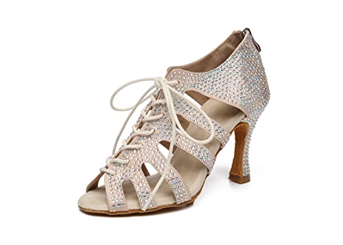 Chaussures de danse latino-américaines en satin pour femme avec cristaux et lacets