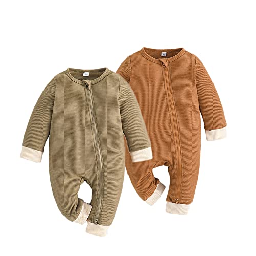 Image of Feidoog Baby Boys Girls 2 Pack Solid Romper Zipper Long Sleeve One-Piece Jumpsuit Outfits Clothes Sets,Green+Coffee,0-3M
