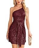 GRACE KARIN Womens Sequin Dress Cocktail One Shoulder Sleeveless Sparkly Tie Waist Party Mini Dresses Wine Red