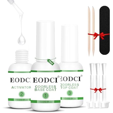 Eodci Low Odor Dip Powder Nail Kit,3 Pcs Clear Dipping Powder Base Activator Top Coat and Brush Saver for Dip Powder Nail Kit 15mloz, Good for Nail Salon and Nail Beginners No Need Nail Lamp Cover