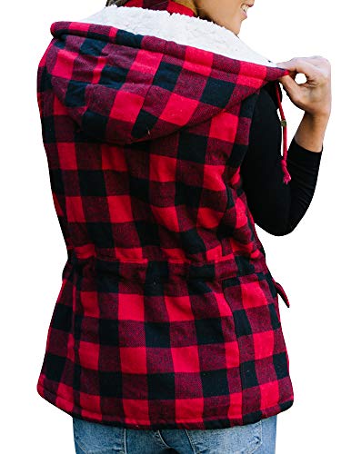 Imily Bela Womens Buffalo Plaid Cardigans Sleeveless Patch Draped Open Front Cardigan Sweater Red