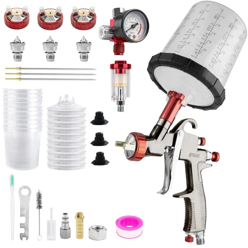 R500 Spray Gun LVLP with 650ml Mixing Cup&10 Disposable Cups 1.3/1.7/2.0mm Nozzles Spray Paint Gun LVLP Automotive Paint Gun for House Painting Car Furniture Fence Varnish&Top Coat