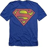 Superman Classic Logo Distressed Heather T-Shirt & Exclusive Stickers (X-Large)