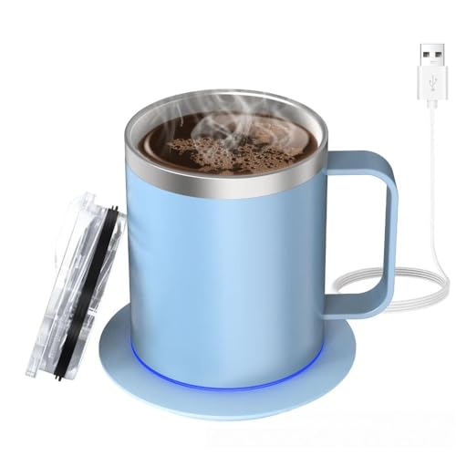 MLTUN MAKAN USB ウォーマーマグカップ 食品グレード 18/8 ステンレス 二重壁断熱 自動加熱保温 5V USB 充電 ヒーター付き コーヒー紅茶用 防漏蓋付き 家庭用オフィス用保温マグ (D)