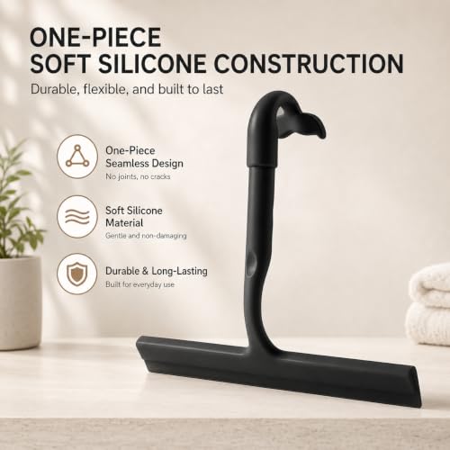 Image of Shower Squeegee for Glass Doors, 10-Inch Silicone, Fishtail Type Hook,Black | One-piece Silicone, Fishtail Hook, Non-slip Grip and Quiet Glide for Shower Glass, Tile, Mirrors, Windows and Car Glass