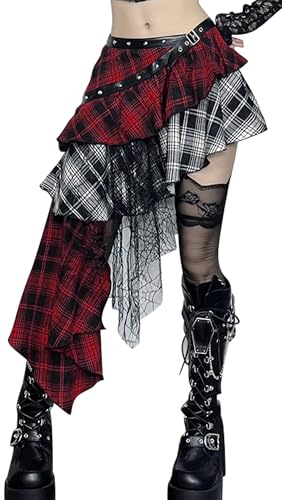 Ausing Femmes Steampunk Dentelle Jupe Vêtements Jupe Courte Plaid Gothique Halloween Costume Punk Jupes Skate S