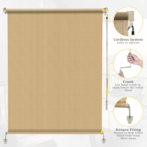 Image of Custom Size Cordless Outdoor Roller Shades, Wheat | 90% UV Block, Patio Roll Up Outdoor Blinds, 2 Poles & 1 Fabric, Exterior Sun Shade Cloth For Porch, Gazebo, Balcony, Pergola