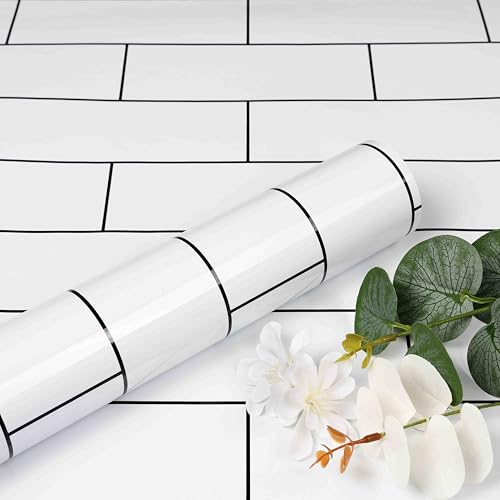ReWallpaper Papier Adhesif pour Meuble Carreaux Effet Blanc Lavable Revetement Plan De Travail Cuisine Brillant Papier Peint Autocollant Carrelage Metro Blanc Mural...