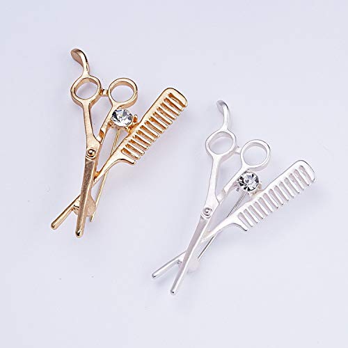 2pcs Barber Scissors Comb Pin Brooch with Crystal Badges Clothes Bags Jewelry2