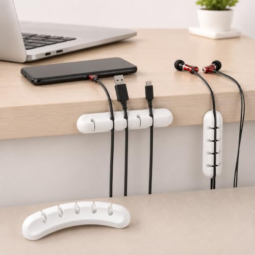 3PCS 5 Slots Organizador de Cables Blanco, Soporte para Gestión de Cables USB Debajo del Escritorio, Clips para Cables para Auto Hogar Oficina miniatura 6