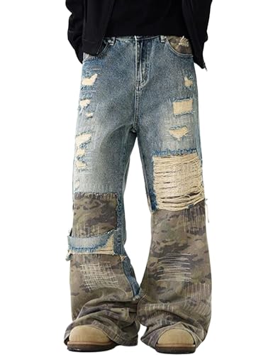 Mens Camo Ripped Jeans Y2k Hip Hop Camo Baggy Joggers Pants Streetwear Wide Leg Skater Jeans