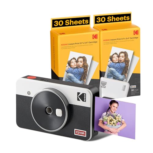 KODAK Mini Shot 2 Retro 4PASS 2-in-1 Appareil Photo Instantané et Imprimante Photo Portable (5,3x8,6cm) + Paquet avec 68 Feuilles, Blanc