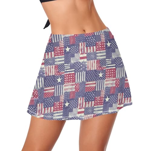 CHIFIGNO Falda de natación para mujer con bragas, casual, elástica, traje de baño, faldas de traje de baño, tankini, Bandera Americana Rayas y Estrellas-7, XL