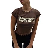 Women Teen Girl Y2k Crop Tops Cute Graphic Print Brown T-Shirt Basic Short Sleeve Tee (Coffee, S)