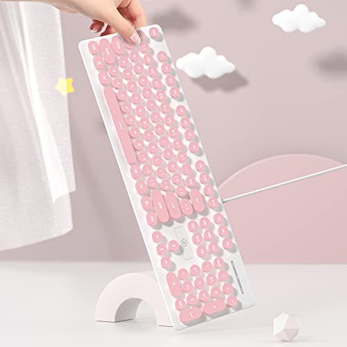 surmen かわいい 静音キーボード ピンク 有線タイプライターキーボード ライトアップバックライト付きPCキーボード レトロなラウンドキー付き フルサイズ104キー オフィスコンピュータ用 (ピンク) の商品画像 4