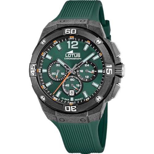 LOTUS Reloj Hombre Analógico de Caucho Verde   Movimiento de Cuarzo   Cronógrafo   Calendario   Cristal Mineral de Alta Resistencia   Resistente al Agua 10 ATM 18975/2 Chrono