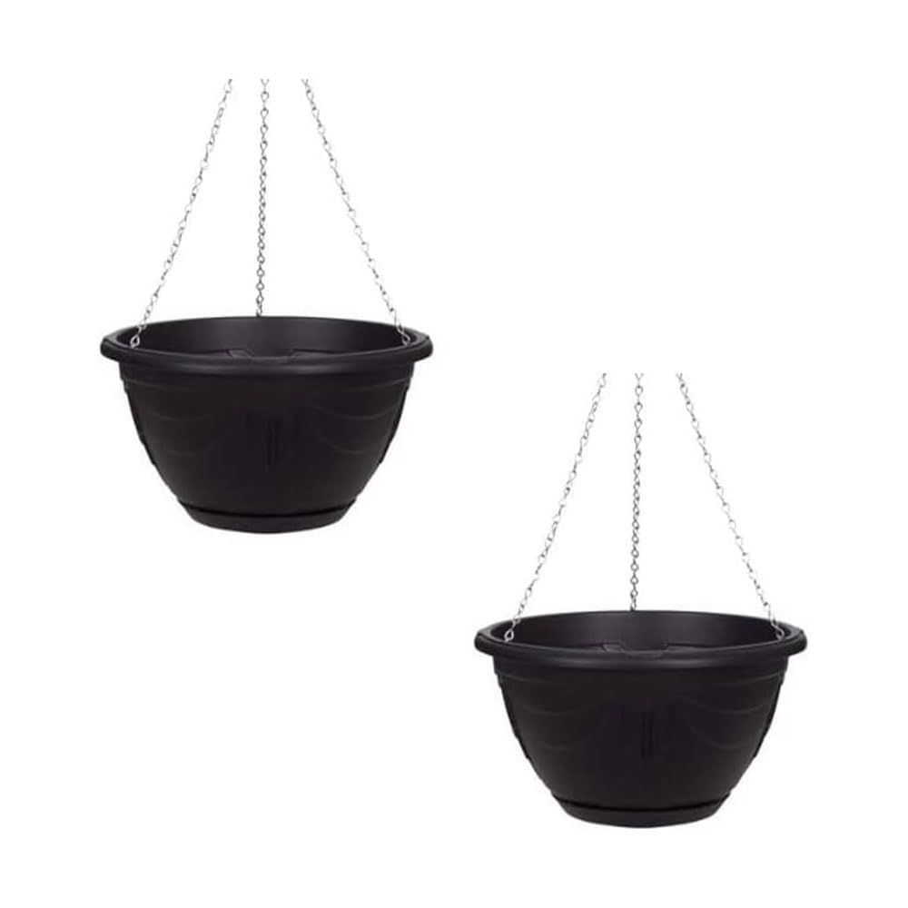 shopior Flower and Herb Plastic Hanging Basket | Plant Saucer for Indoor Outdoor | Wall Planters | Plant Pots for Succulents | Hanging Flower Pots for Garden, Balcony - 32cm (Black - Pack 2)