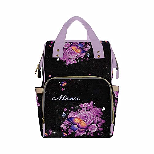 Newcos Personalized Purple Butterflies and Flowers Diaper Bag Backpack with Name Custom Mommy Nursing Baby Bags