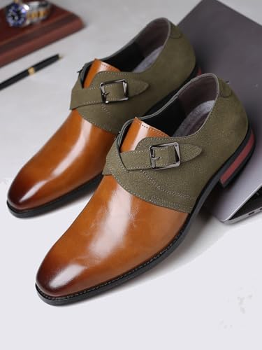 Men's Two-Tone Monk Strap Dress Shoes, Brown Leather and Olive Suede, Classic Buckle Design2