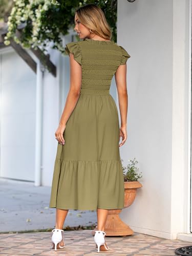 Image of Simplee Womens Summer Midi Dress Casual Boho Smocked Waist Flutter Sleeve A Line Flowy Tiered Dress with Pockets
