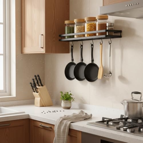 Image of Wall Mounted Spice Rack Organizer Hanging Spice Seasoning Rack bathroom Shelf Holder with 5 utensils hanging hooks Organizer Storage for Kitchen Cabinet (set of 1)