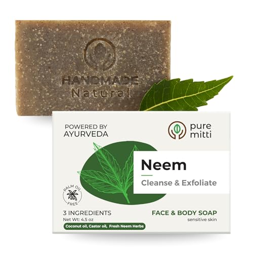 Pure Mitti Neem Face Body Bar Soap 4.5 oz | Ayurvedic Exfoliating Cleansing Bar with Coconut Oil Castor Oil | Gentle Bath Soaps for Face Wash Body Wash | Soft Soap for Daily Use All Skin Types