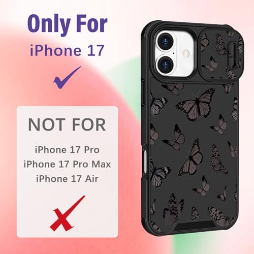 Image of Funermei for iPhone 17 Case - Women Girls Cute Phone Cover Pretty Girly Aesthetic Black Butterfly Unique Design with Slide Camera Cover and Dual Protection Funda for iPhone 17 Case