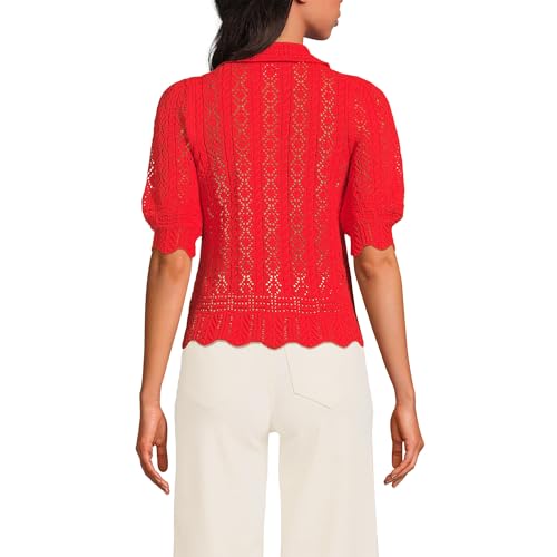 Lands' End Women's Lace Pointelle Puff Sleeve Cardigan Sweater Small Coral Red2