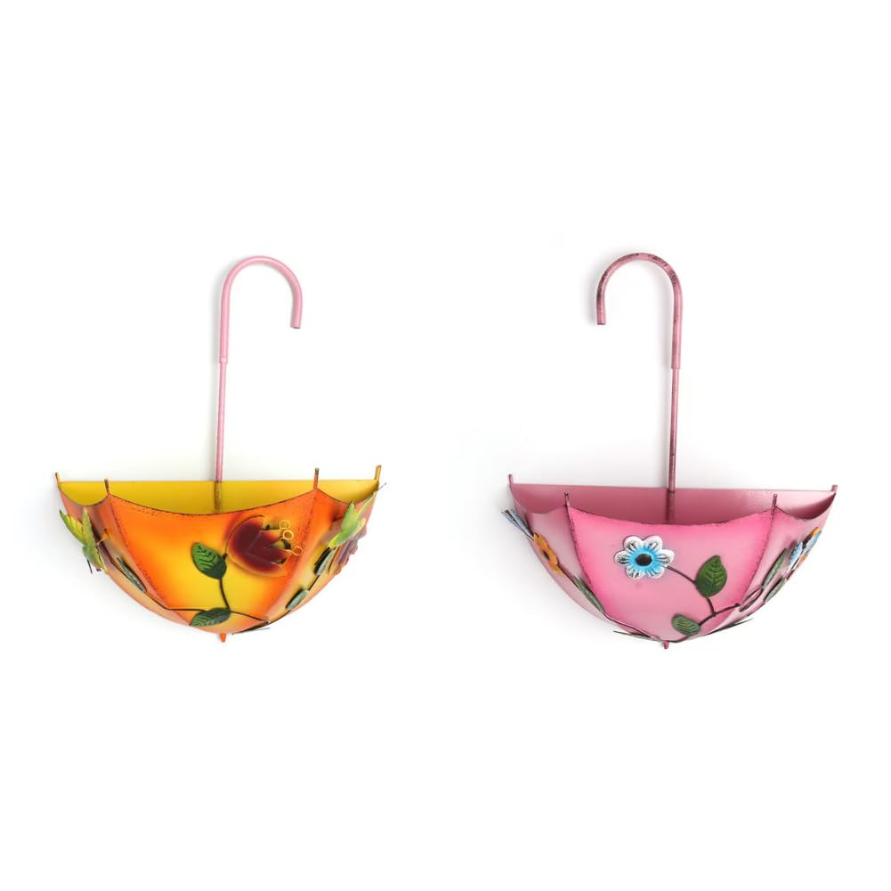 HTU Metal Umbrella Hanging Planter, Metal Plant Umbrellas Pots with Drainage Holes, No-Drill Farmhouse Umbrella Shaped Wall Hanging Planter for Flowers Indoors Outdoors Home Windows Use-Orange+Blue