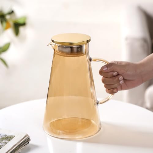 Image of Nestasia Transparent Amber Glass Jug with Steel Lid (1800 ml) - Heat Resistant Carafe with Dual Opening Strainer Lid - Dishwasher Safe Glass Pitcher for Water, Juice, Hot & Cold Beverages