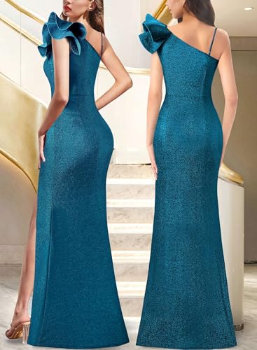 Image of VFSHOW Womens Ruffle One Shoulder Strap Ruched Formal Prom Wedding Maxi Dress V Neck Elegant Split Cocktail Evening Long Gown