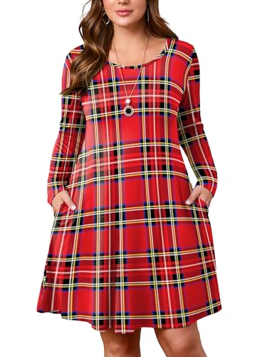 Image of AusLook Women's Plus Midi Dress Long Sleeve Crew Neck A-Line Swing Flowy Vacation Fall Wedding Guest Dresses with Pocket 1-5X