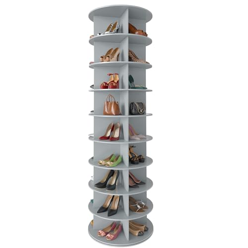 SpaceAid 9 Tier Rotating Shoe Rack Tower, Spinning Shoe Display Lazy Susan, Revolving 360 Shoe Rack Storage Round Carousel, Vertical Handbag Rotate Shoes Closet Organization (9-Tier Gray)