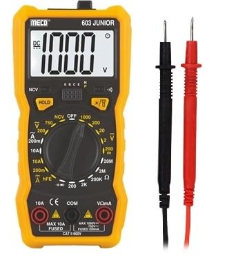 Hty Meco-603 Junior 3½ Digital Multimeter With Holster + Magnet,Backlight,Torch Light,NCV (LED,Buzzer & EF Strenght),Hfe(Transistor Test),Diode Test,Audible Continuity,Data Hold And APO Functions