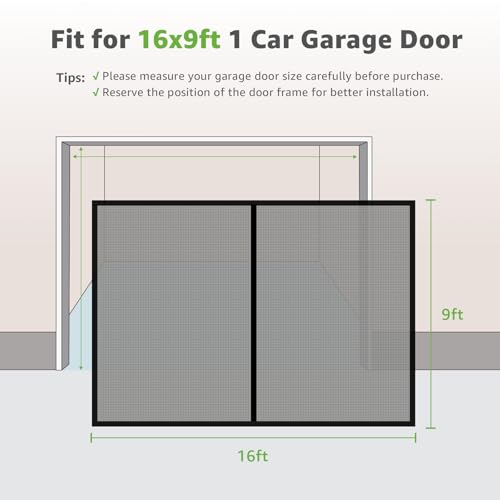 Image of Garage Door Screen for 2 Car, 16x9 ft Magnetic Closure Fiberglass Mesh Net