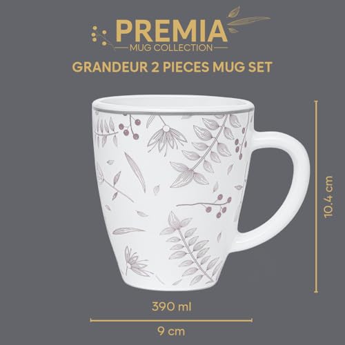 Image of Larah by BOROSIL 390ml x 2pc Opalware Grandeur Tea /Coffee Mug Set, Microwave & Dishwasher Safe Embossed Design Crockery Ideal for Daily Use & Gifting