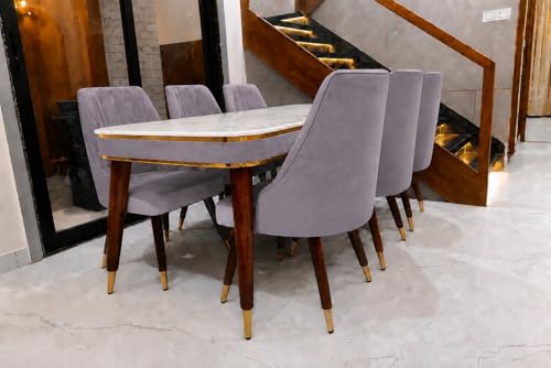 Image of WOODEN SPACE 6-Seater Wooden Dining Table Set | Nano Composite Marble Top | Solid Wood Base | Modern Dining Room Furniture with 6 Chairs (Gray 3)