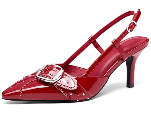 Image of Coutgo Womens Slingback Kitten Heels Studded Closed Pointed Toe Pumps with Buckle Party Dress Shoes