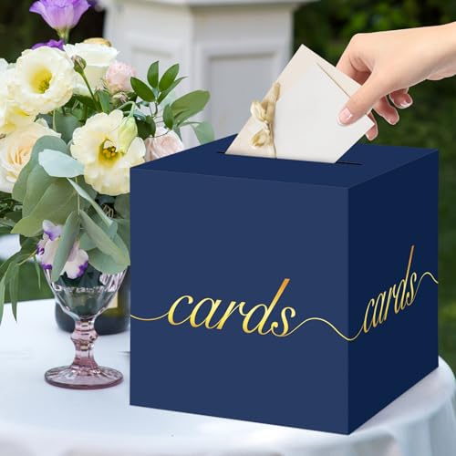 Image of Navy Blue Card Box Gold Foil Wedding Favors Gift Card Boxes Post Box Receiving Money Box Holder for Wedding Reception, Baby Showers, Anniversary, Birthday Party, Retirement, Graduation Envelope Holder