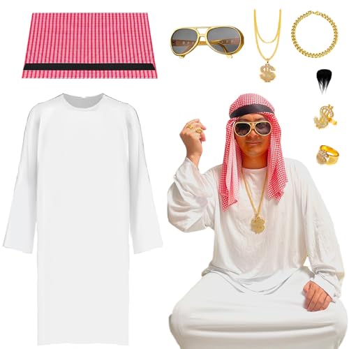 MmmLucipor Disfarce xeque árabe para adulto, fato árabe Sheikh, conjunto árabe costume (inclui lenço, óculos de sol de festa, barba postiça, colar, pulseira e anel (L)