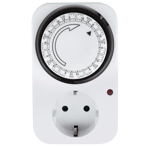 Mechanische Wochenzeitschaltuhr mit Steckdose, weiß, ideal für die Programmierung elektrischer Geräte und zur Optimierung des Energieverbrauchs.