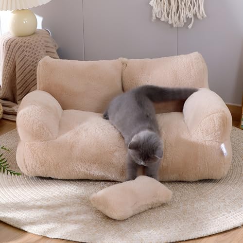 GIIPET-ペットソファー ふわふわペットベッド 猫ベッド 犬 クッション モチモチ3D綿 暖か 蓄熱保温 静電気防止 犬寝床 小型/中型犬用 猫用 通年使用 洗える 滑りにくい裏生地 (ブラウン, XL(9kg以内)枕おまけ)