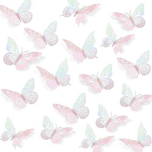 3D Butterfly Wall Decor 48 Pcs 4 Styles 3 Sizes-Butterfly Birthday Decorations&Butterfly Party Decorations&Butterfly Cake Decorations-Removable Pink Butterfly Decorations (Laser Pink)