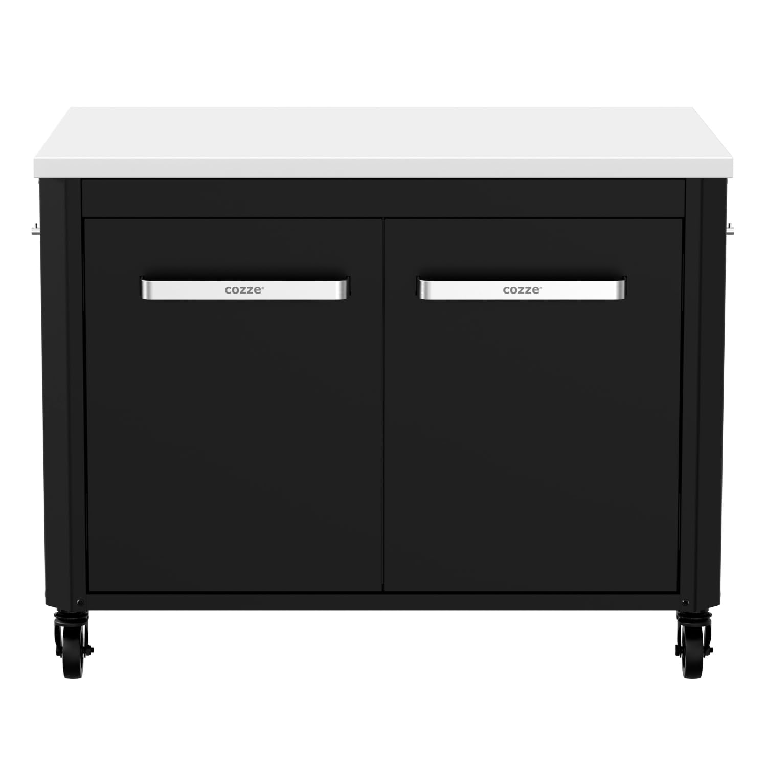 Cozze® | Cucina da esterno bassa H70 cm con piano in acciaio inox | Altezza ideale per plancha | 2 ante | 2 ripiani fissi | 6 ganci | 4 ruote Ø75 mm | Struttura in acciaio verniciato | Max 100 kg