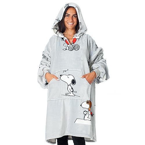 KANGURONE SNOOPY Bluza z kapturem, przenośny koc z mikrofibry mięsnej, z kapturem i kieszenią, pomysł na prezent dla kobiet i mężczyzn, bluza z kapturem oversize, jasnoszara, 95 x 95 cm