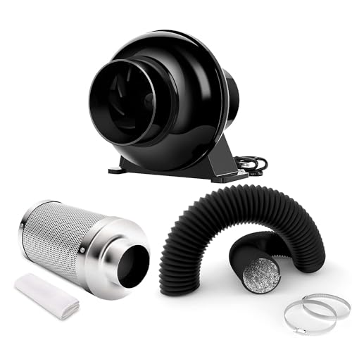 iPower 4 Inch 195 CFM Inline Fan Circulation Vent Blower, Air Carbon Filter and 8 Feet Flexible Ducting for Grow Tent Ventilation, Exhaust, HVAC Heating Cooling