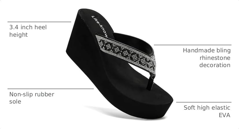 Image of Rhinestone Wedge Sandals for Women Platform Flip Flops Wedge flip flops Wedding shoes Wedge Heels for Women Dressy