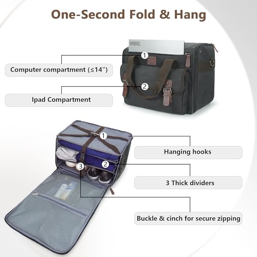 2-in-1 Hanging Canvas Mens Travel Duffle Bag - 3 Shelves, Ideal Carry-On Weekender Overnight Bag2